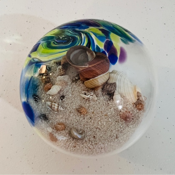 Glass Eye Studio Hand Blown Glass Sphere with Florida Sand & Shells Paperweight - Picture 7 of 8